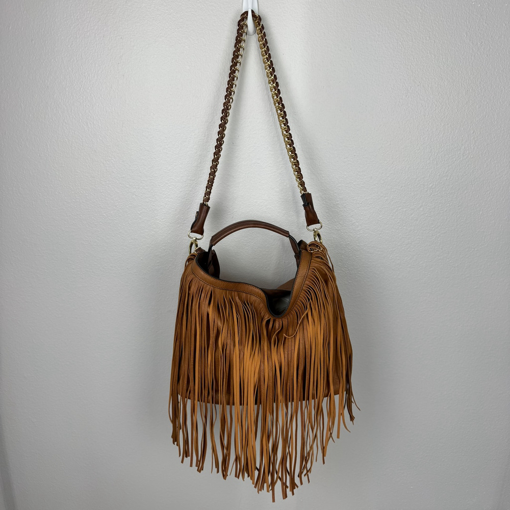 Fringe Hobo Crossbody Bag Brown Convertible Western Faux Leather